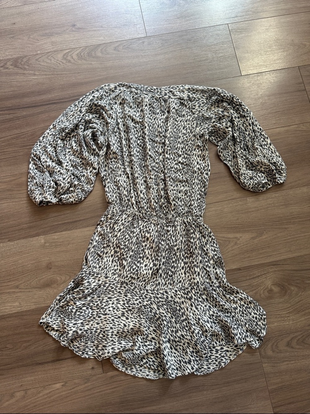ALL SAINTS small print leopard cream and black mini dress w elastic waist. Small